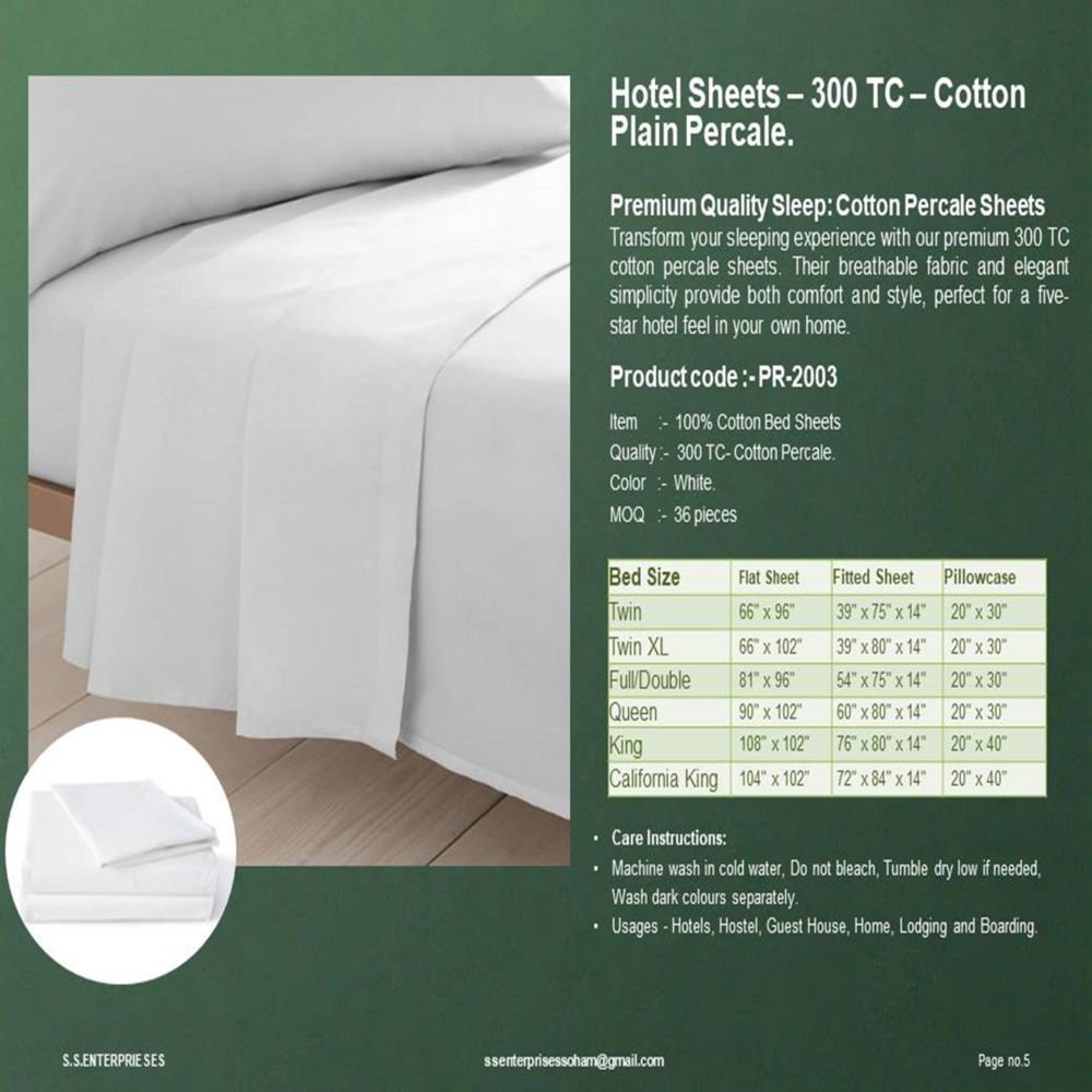 Pr-2003-hotel Sheets- 300 Tc  Cotton Plain Percale - Color: White