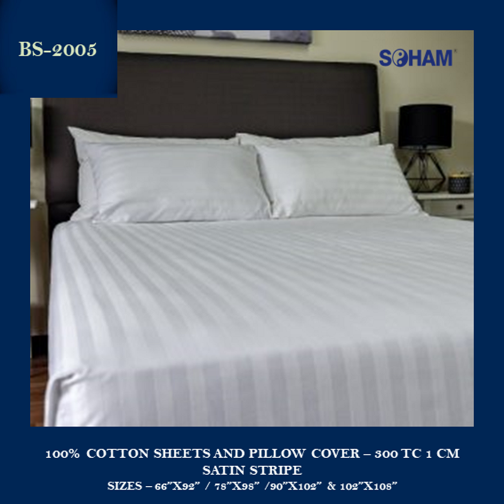 Pr-2005-hotel Bed Sheets - 300 Tc 1 Cm Satin Stripe - Color: White
