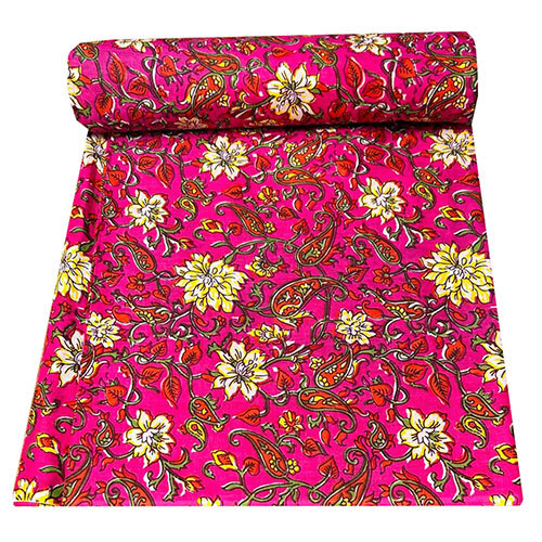 Cotton Hand Block Pink Floral Print Fabric - Color: Multicolor