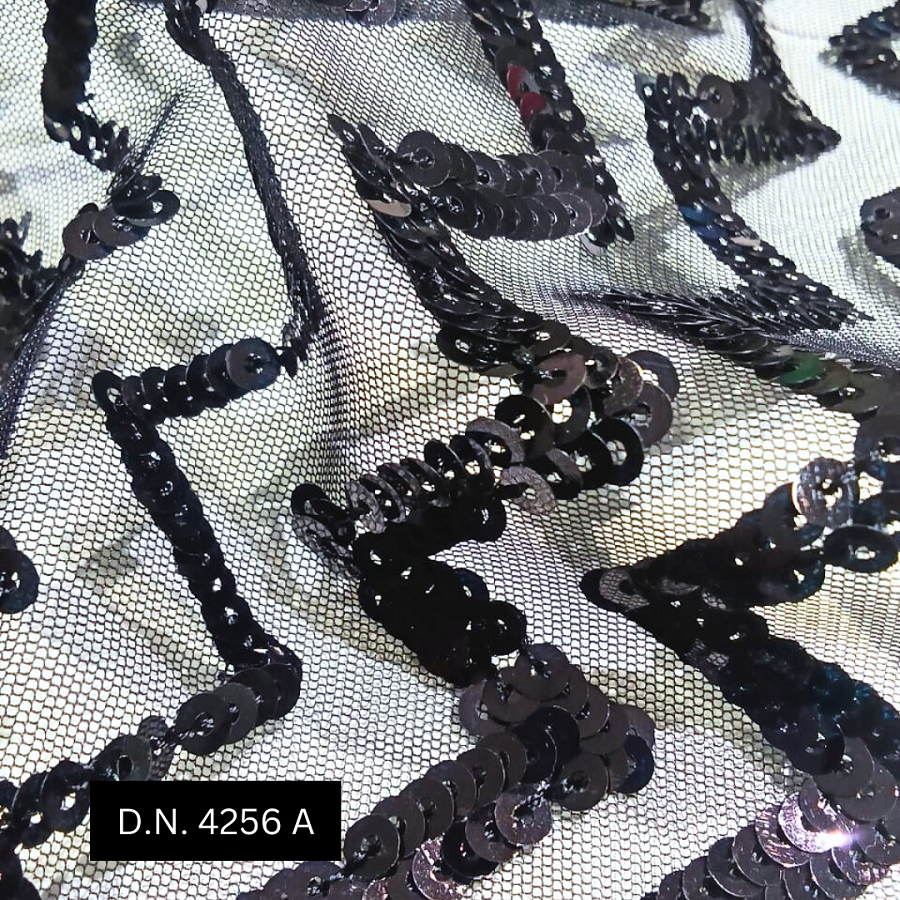 Allover Black Sequins On Mesh Lace Fabric - Material: Net