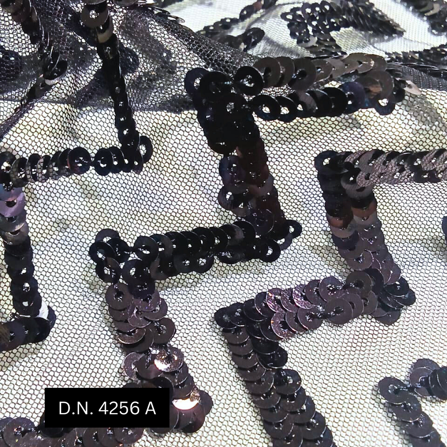 Allover Black Sequins On Mesh Lace Fabric - Material: Net
