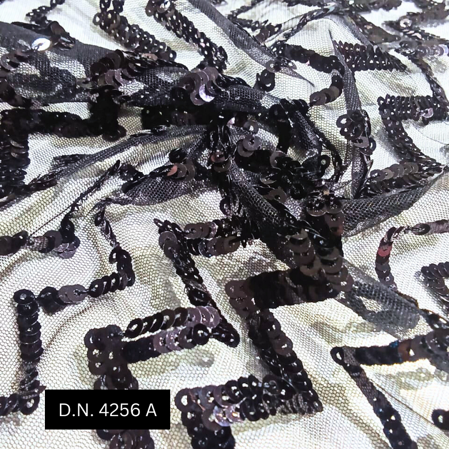 Allover Black Sequins On Mesh Lace Fabric - Material: Net