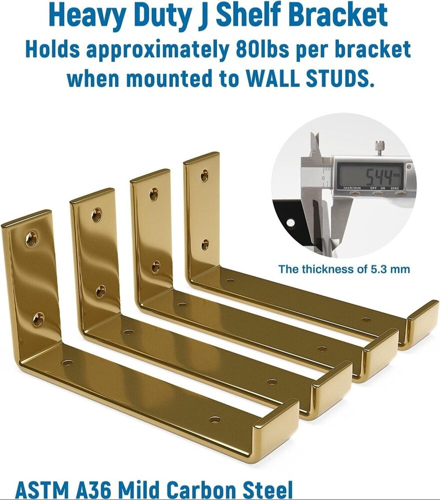 8 Inch Shelf Bracket For Diy Floating Shelf, 1/5 Inch Thick Heavy Duty Bracket, 6 Pack, Golden - Finish: Smooth