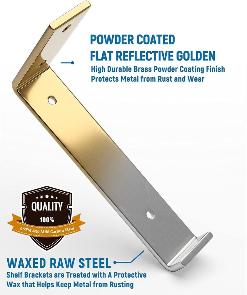 8 Inch Shelf Bracket For Diy Floating Shelf, 1/5 Inch Thick Heavy Duty Bracket, 6 Pack, Golden - Finish: Smooth