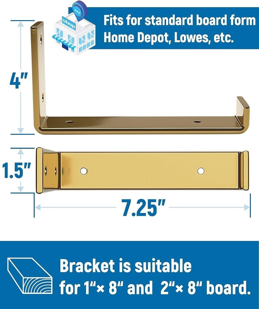8 Inch Shelf Bracket For Diy Floating Shelf, 1/5 Inch Thick Heavy Duty Bracket, 6 Pack, Golden - Finish: Smooth