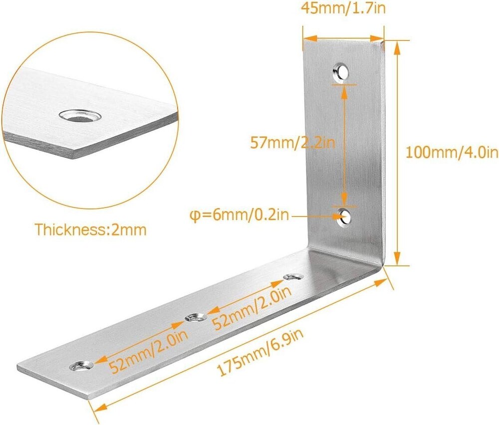 4 PCS L Shelf Brackets 6.9Inch, Stainless Steel 6.9x4 Inch Heavy Duty L Shape Corner Brace