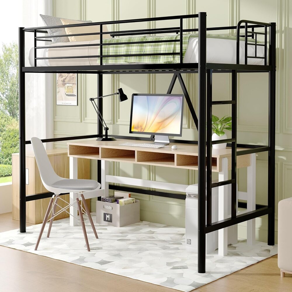 Metal Loft Bed Twin Size, Heavy Duty Bedframe with Removable Ladder and Safety Guardrail