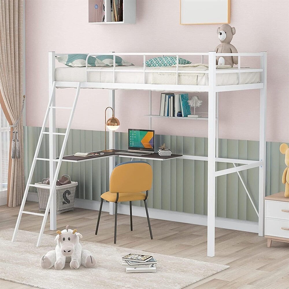 Metal Loft Bed Frame with Desk and Shelves for Boy Girls (Color : White with Desk, Size : Twin)