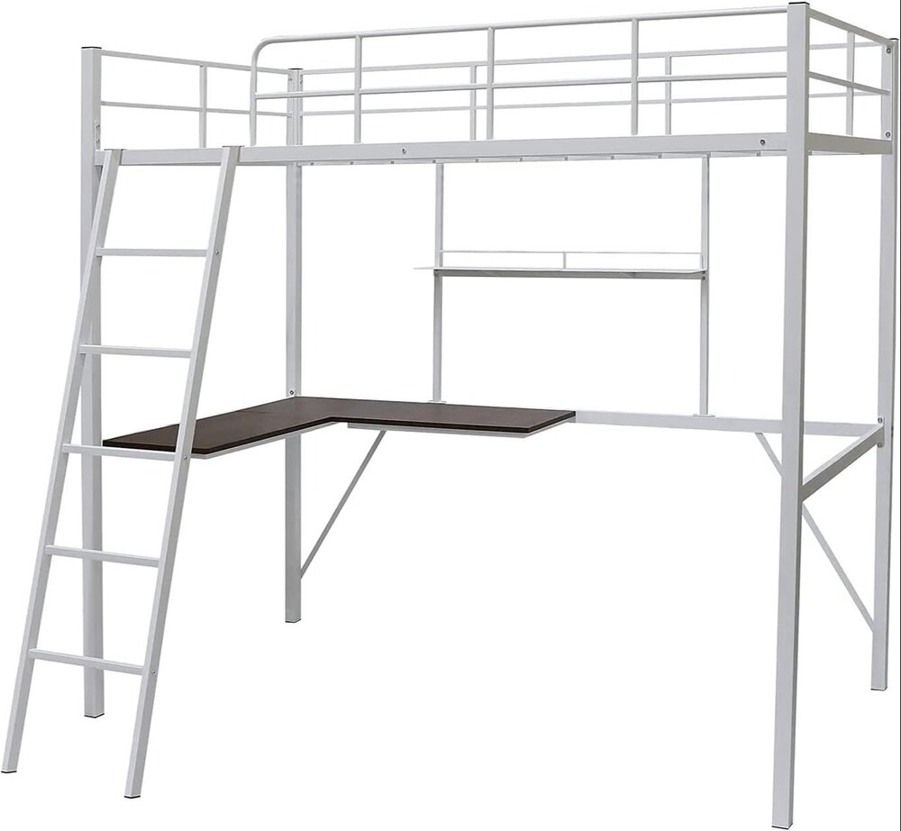 Metal Loft Bed Frame With Desk And Shelves For Boy Girls (Color : White With Desk, Size : Twin) - Application: Home