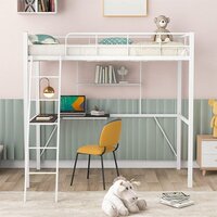 Metal Loft Bed Frame with Desk and Shelves for Boy Girls (Color : White with Desk, Size : Twin)