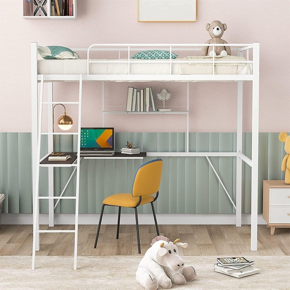 Metal Loft Bed Frame With Desk And Shelves For Boy Girls (Color : White With Desk, Size : Twin) - Application: Home
