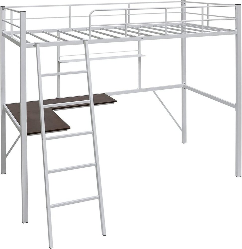 Metal Loft Bed Frame with Desk and Shelves for Boy Girls (Color : White with Desk, Size : Twin)