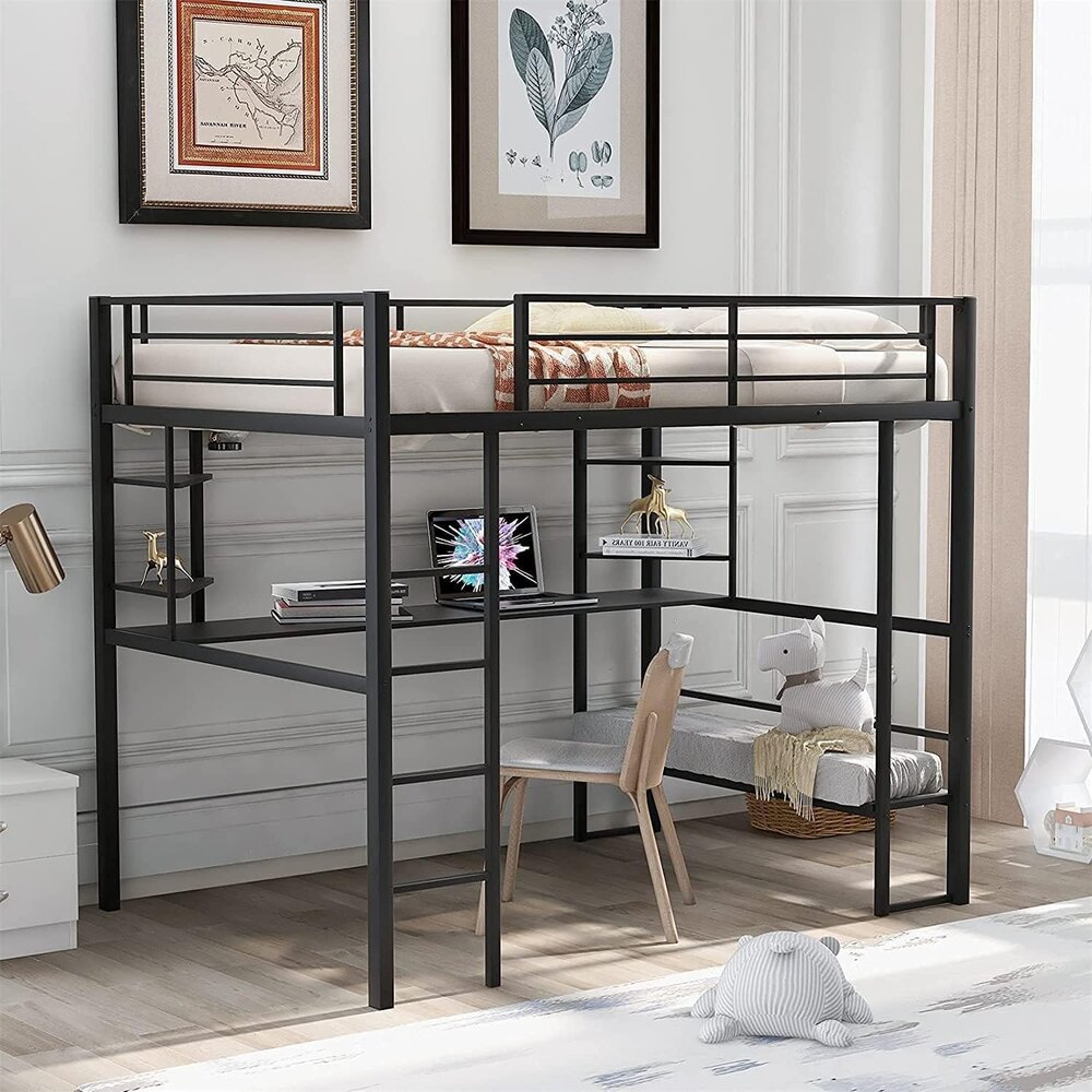 Full Loft Beds Metal Loft Bed Frame with Desk and Shelves for Boy Girls Teens Adults, Full Size