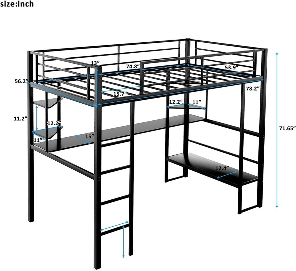 Full Loft Beds Metal Loft Bed Frame with Desk and Shelves for Boy Girls Teens Adults, Full Size