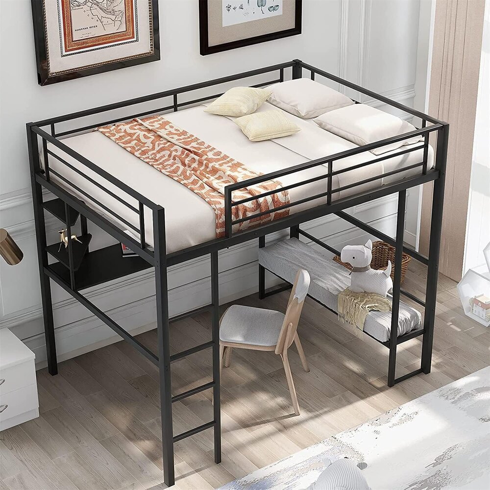 Full Loft Beds Metal Loft Bed Frame with Desk and Shelves for Boy Girls Teens Adults, Full Size