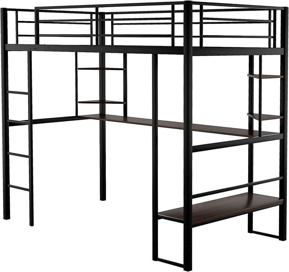 Full Loft Beds Metal Loft Bed Frame with Desk and Shelves for Boy Girls Teens Adults, Full Size