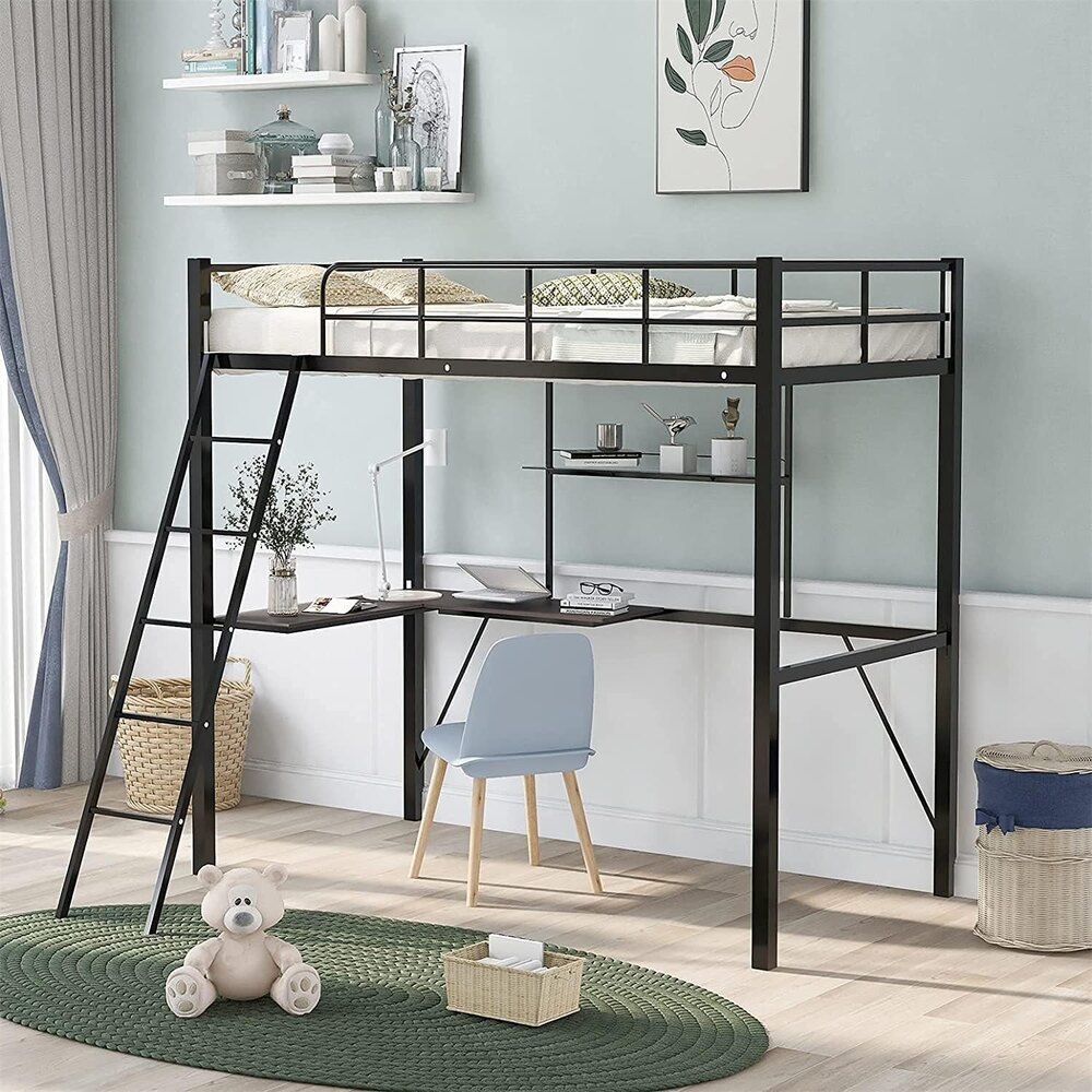 Metal Loft Bed Frame with Desk and Shelves for Boy Girls  (Color:Black with Desk, Size:Twin)