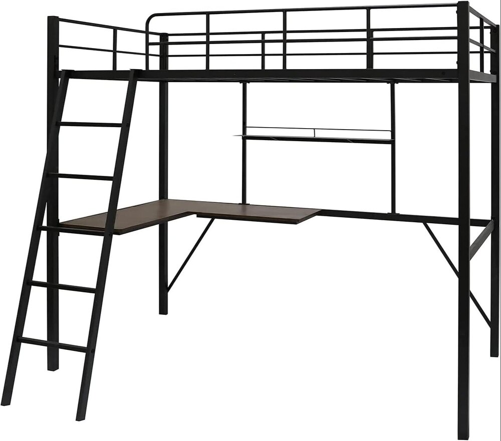 Metal Loft Bed Frame with Desk and Shelves for Boy Girls  (Color:Black with Desk, Size:Twin)