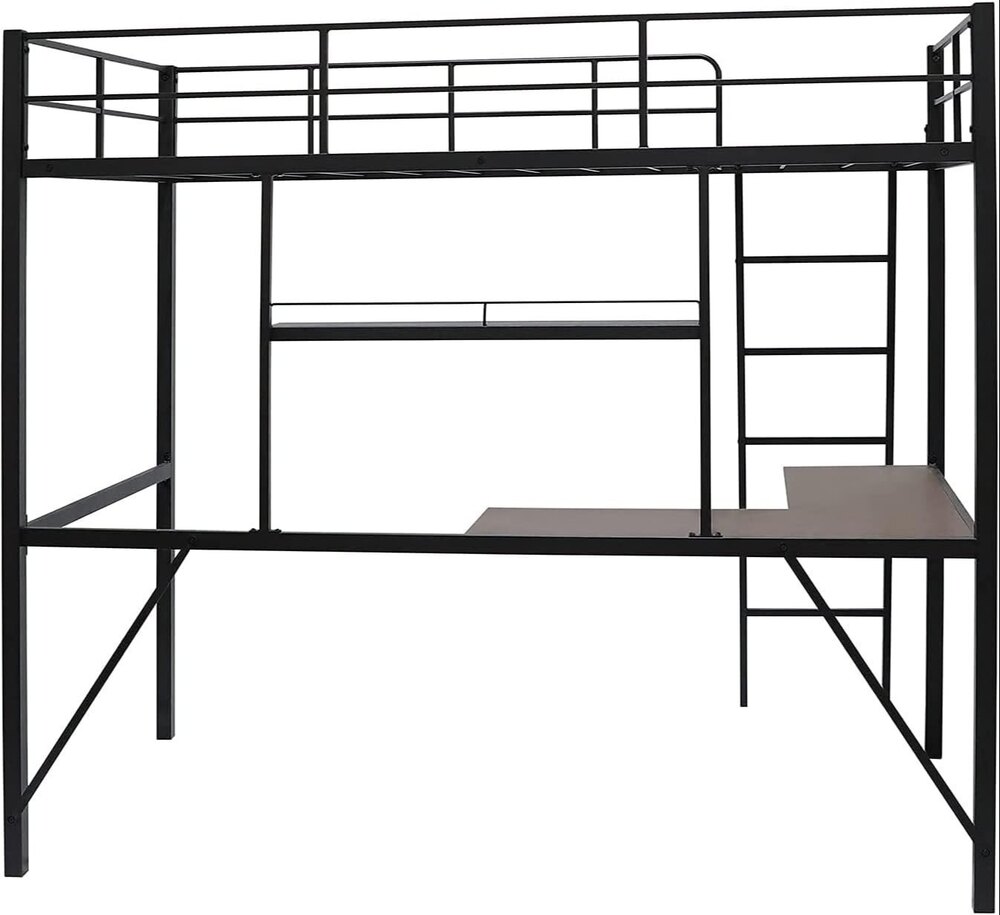 Metal Loft Bed Frame with Desk and Shelves for Boy Girls  (Color:Black with Desk, Size:Twin)