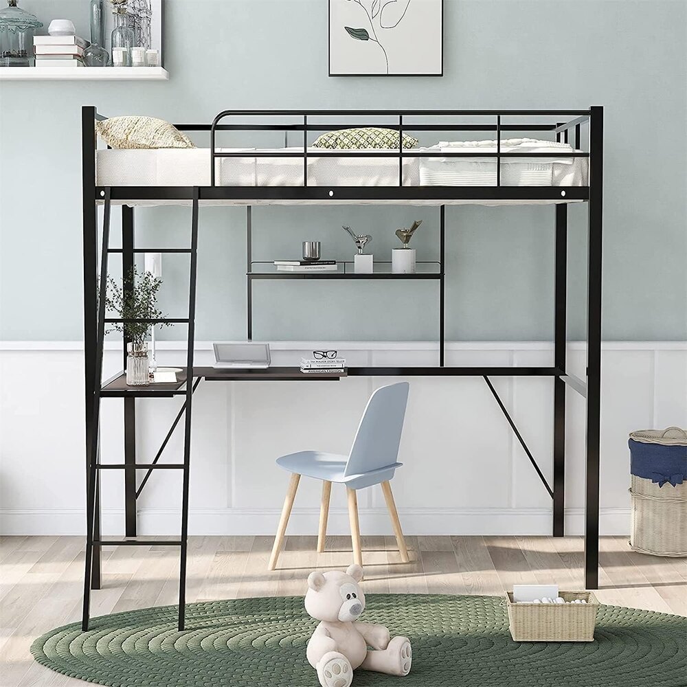 Metal Loft Bed Frame With Desk And Shelves For Boy Girls (Color:black With Desk Size:twin)