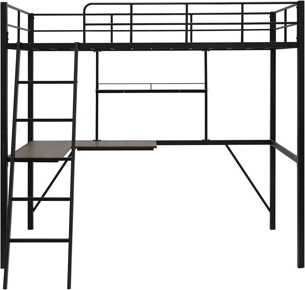 Metal Loft Bed Frame with Desk and Shelves for Boy Girls  (Color:Black with Desk, Size:Twin)