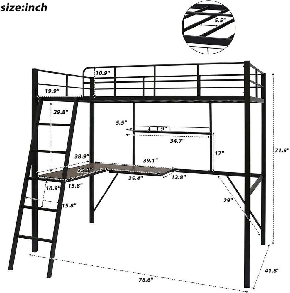 Metal Loft Bed Frame with Desk and Shelves for Boy Girls  (Color:Black with Desk, Size:Twin)