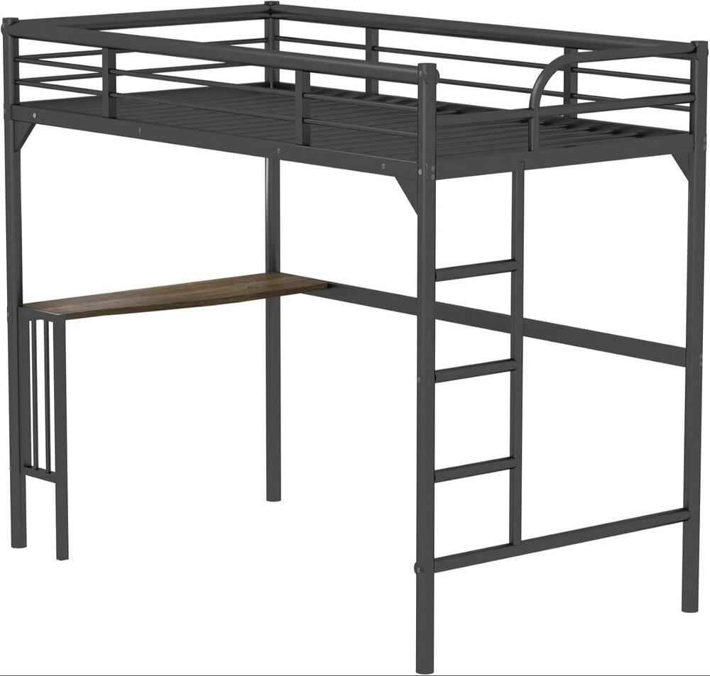 Twin Metal Loft Bed, Heavy Duty Twin Bed Frame with Full-Length Guardrail and Ladder