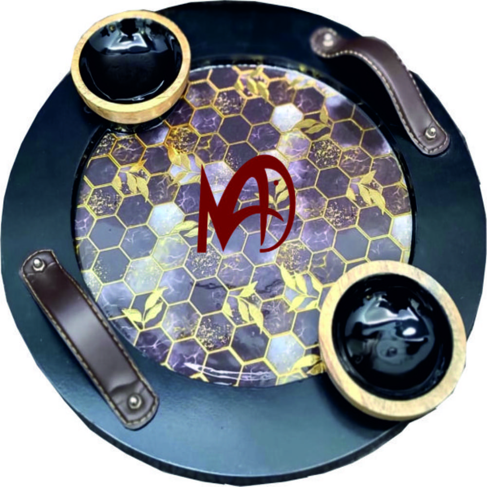 Wooden Platter - Round Mdf Platter With Resin Handle, Digital Print, Enamel Coating, Glossy Finish, Natural Look