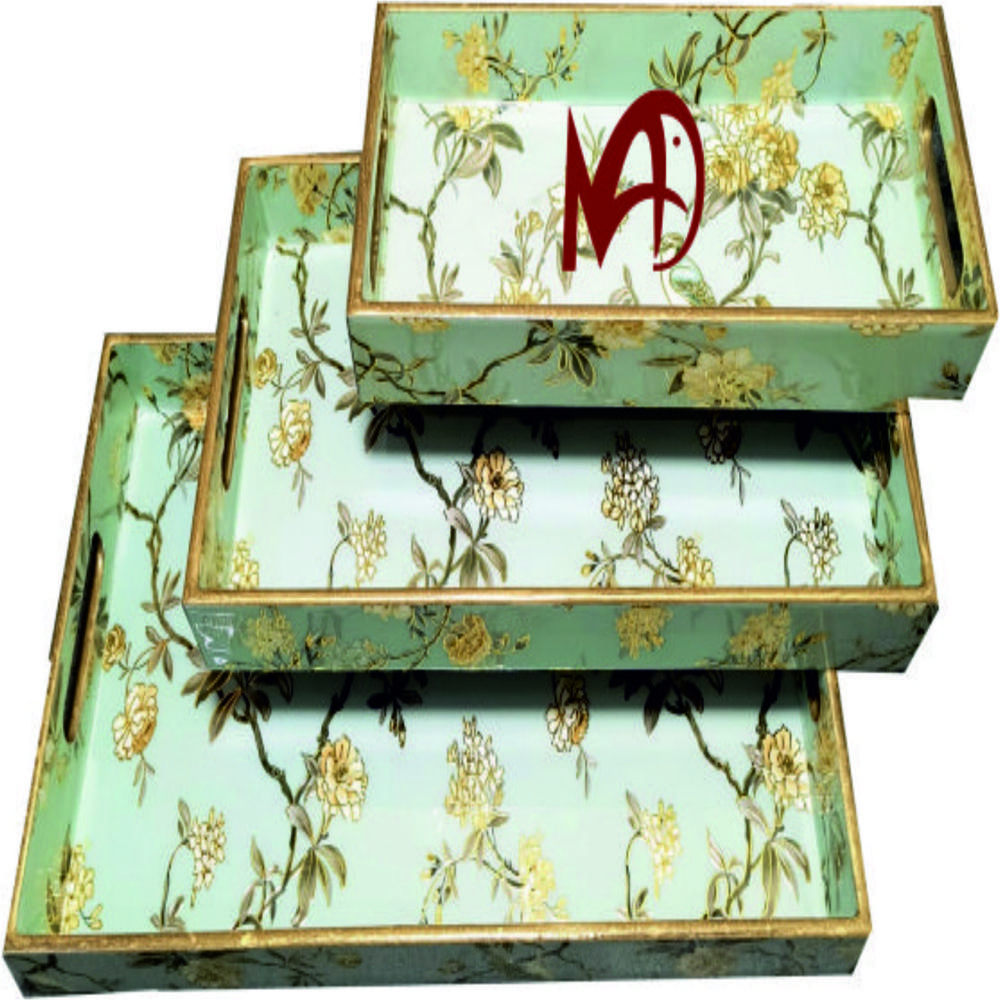 Wooden Tray Set Of 3 - Mdf Wood, Rectangle Trays With Dial Print, Enamel Coating, Glossy Finish For A Natural Look - Ideal For Serving And Organizing