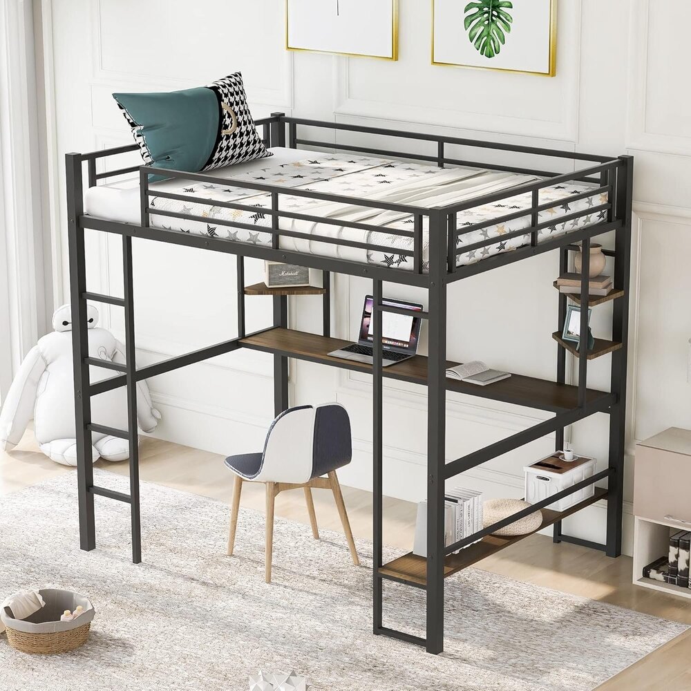 Full Metal Loft Bed Frame with Desk and Storage Shelves Made of Heavy Duty Steel for Kids Teens