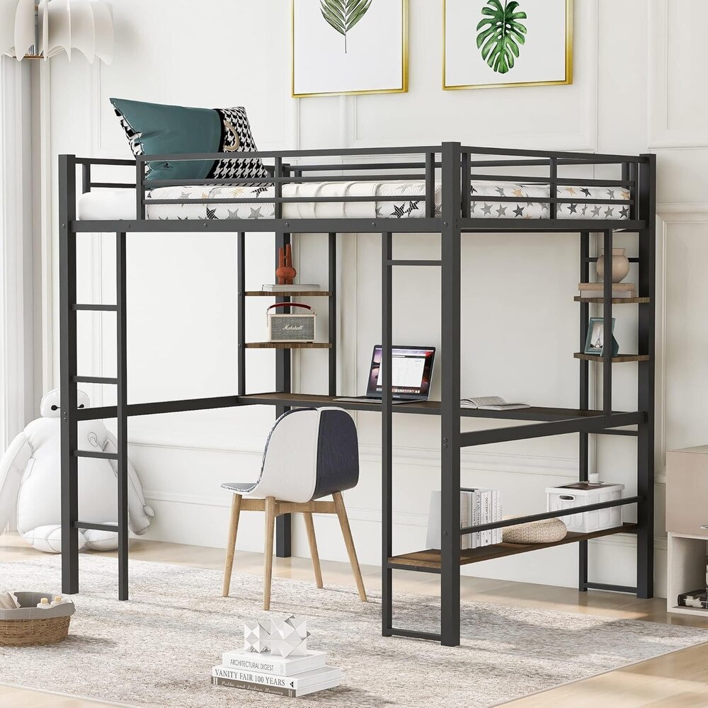 Full Metal Loft Bed Frame with Desk and Storage Shelves Made of Heavy Duty Steel for Kids Teens