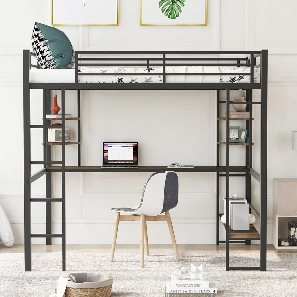 Full Metal Loft Bed Frame with Desk and Storage Shelves Made of Heavy Duty Steel for Kids Teens