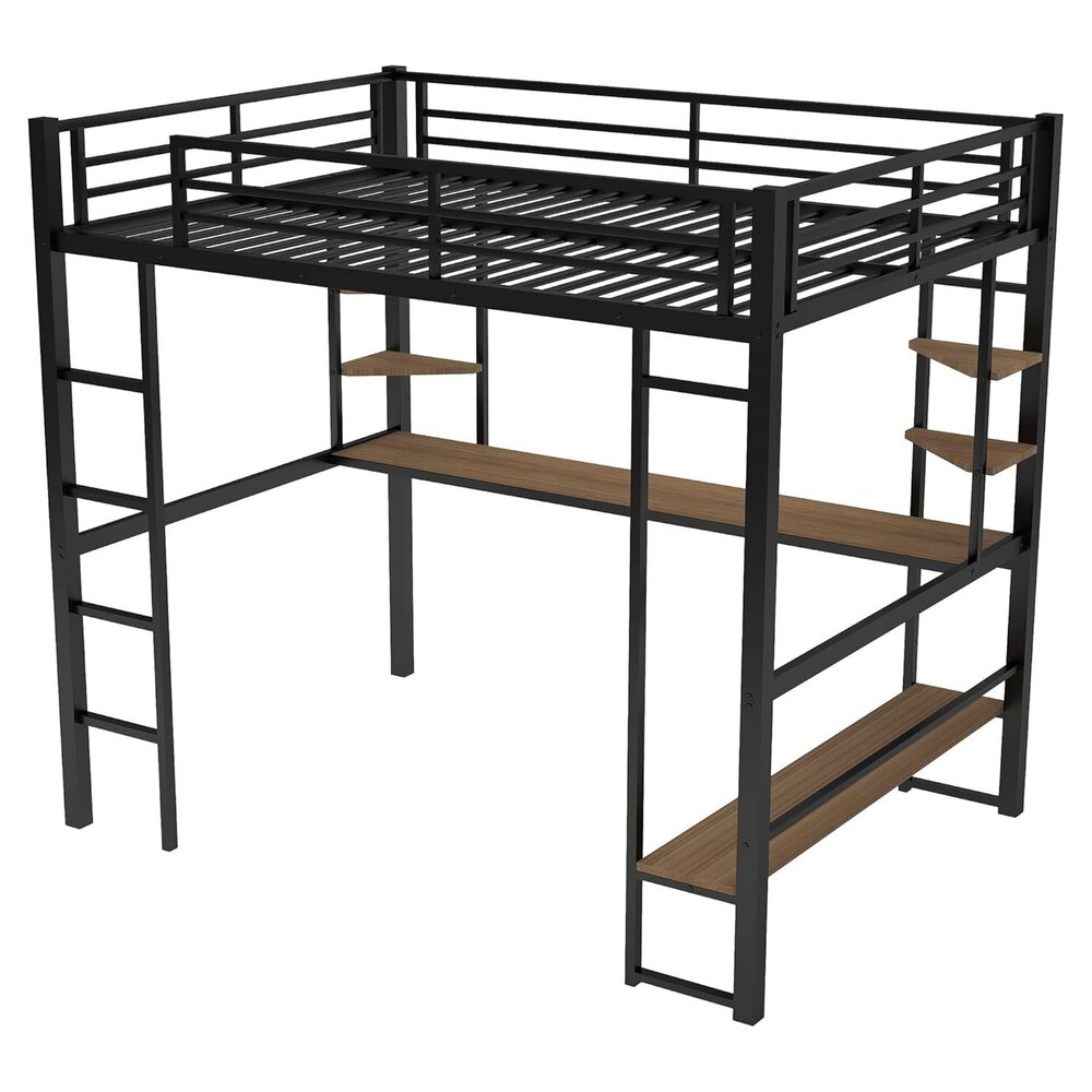 Full Metal Loft Bed Frame with Desk and Storage Shelves Made of Heavy Duty Steel for Kids Teens