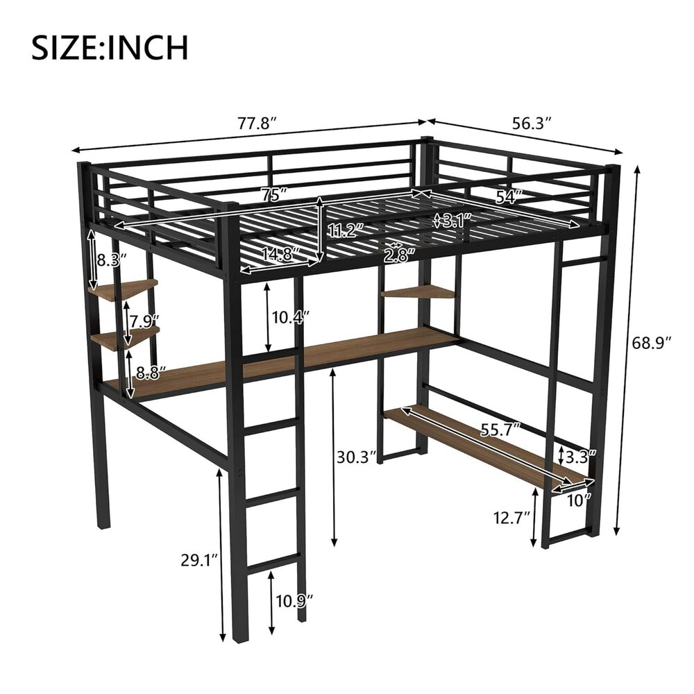 Full Metal Loft Bed Frame with Desk and Storage Shelves Made of Heavy Duty Steel for Kids Teens