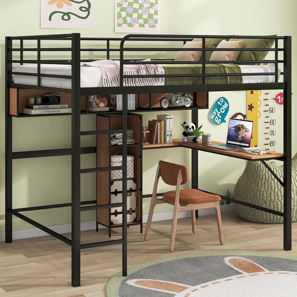 Full Size Loft Bed with Desk and Storage Bookcase, Metal Loft Bed Frame with Wooden Shelves