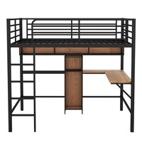 Full Size Loft Bed with Desk and Storage Bookcase, Metal Loft Bed Frame with Wooden Shelves