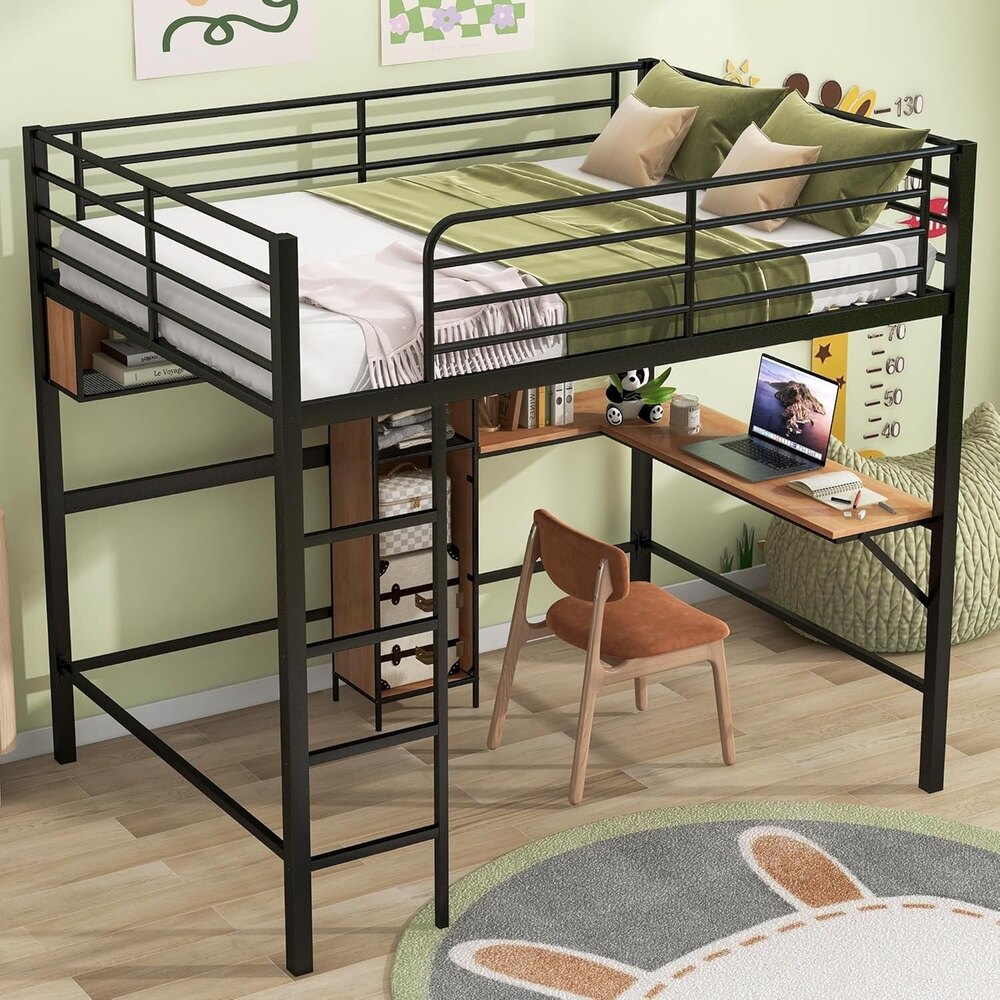 Full Size Loft Bed with Desk and Storage Bookcase, Metal Loft Bed Frame with Wooden Shelves