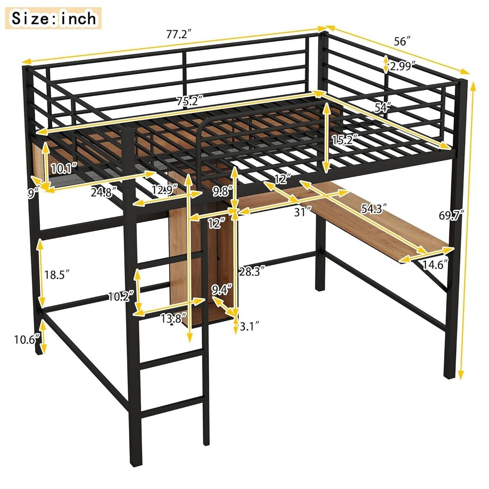 Full Size Loft Bed with Desk and Storage Bookcase, Metal Loft Bed Frame with Wooden Shelves