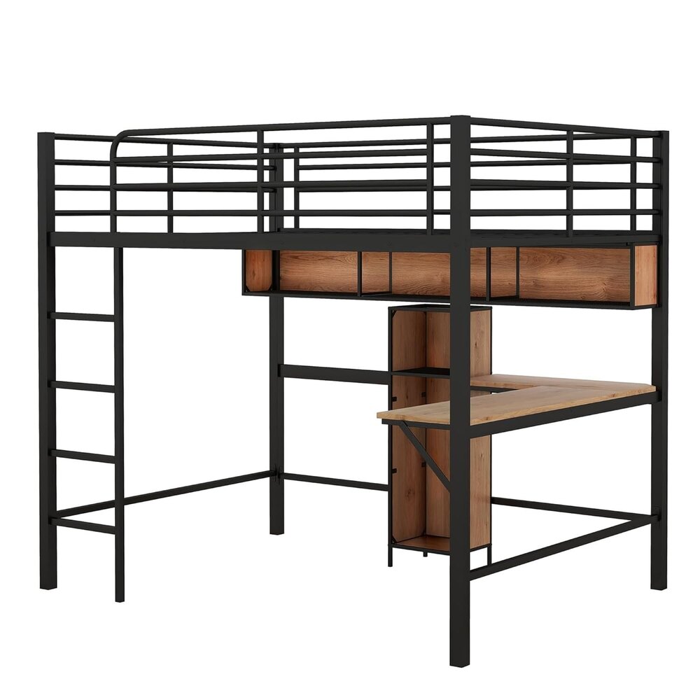 Full Size Loft Bed with Desk and Storage Bookcase, Metal Loft Bed Frame with Wooden Shelves