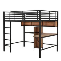 Full Size Loft Bed with Desk and Storage Bookcase, Metal Loft Bed Frame with Wooden Shelves