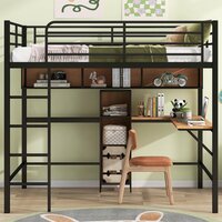 Full Size Loft Bed with Desk and Storage Bookcase, Metal Loft Bed Frame with Wooden Shelves