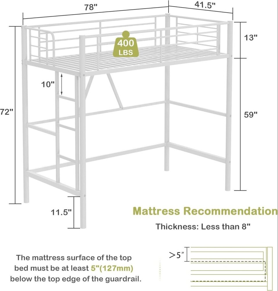 Metal Loft Bed Twin Size, Heavy Duty Bedframe