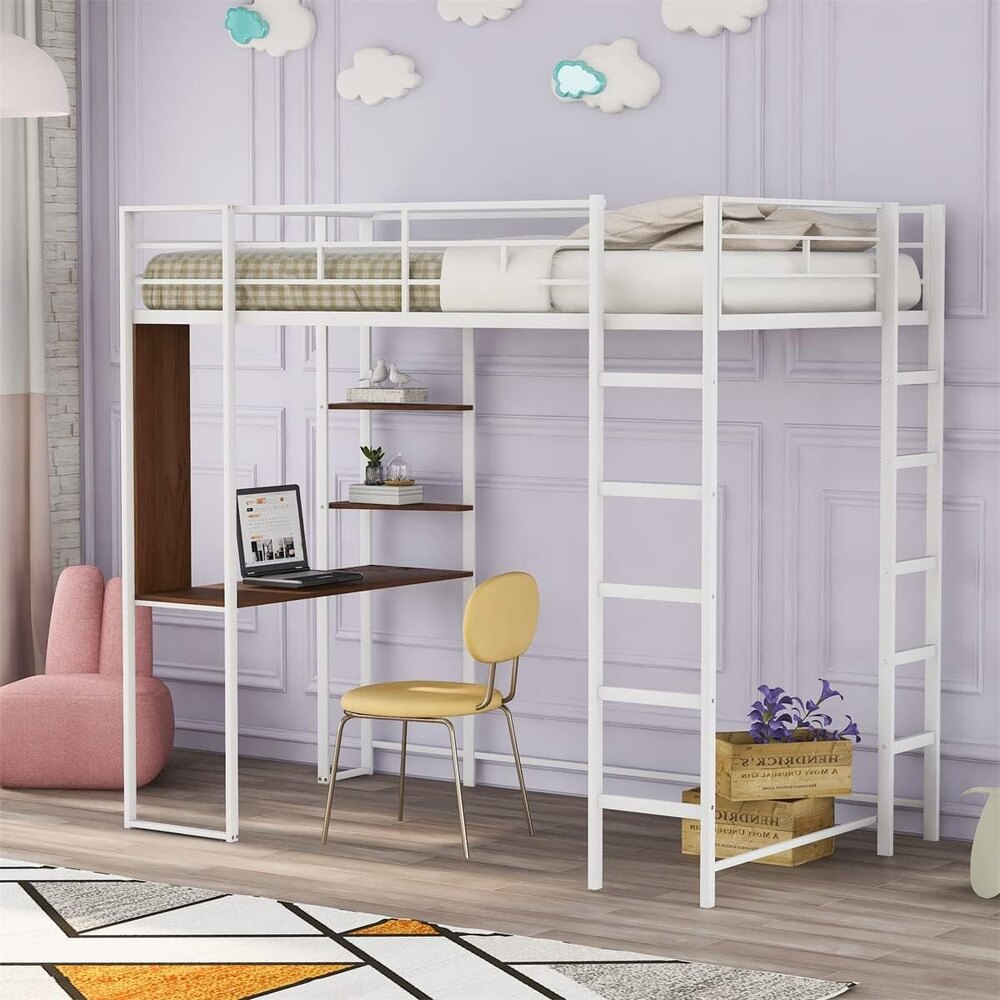 Twin Size Loft Bed with Desk and 2 Storage Shelves, Metal Bed Frame with Full-Length Guardrail