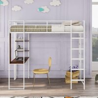 Twin Size Loft Bed with Desk and 2 Storage Shelves, Metal Bed Frame with Full-Length Guardrail