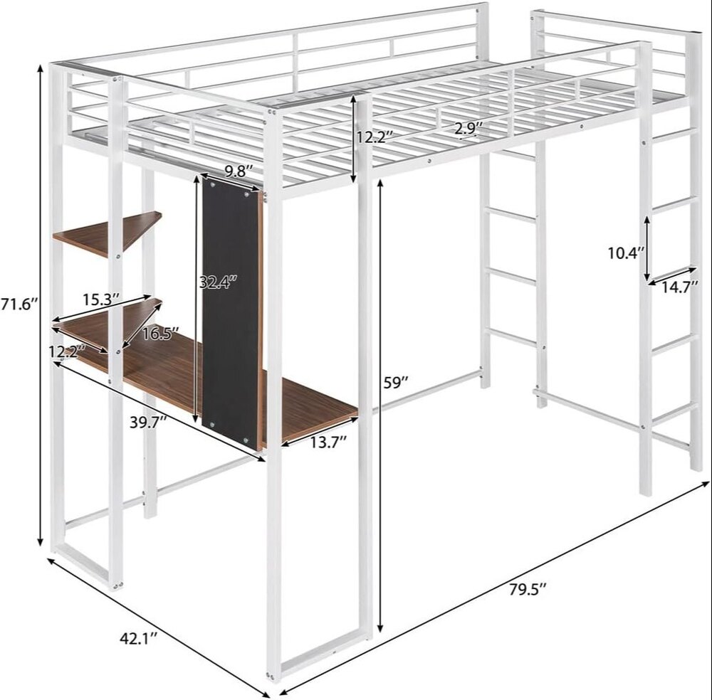 Twin Size Loft Bed with Desk and 2 Storage Shelves, Metal Bed Frame with Full-Length Guardrail