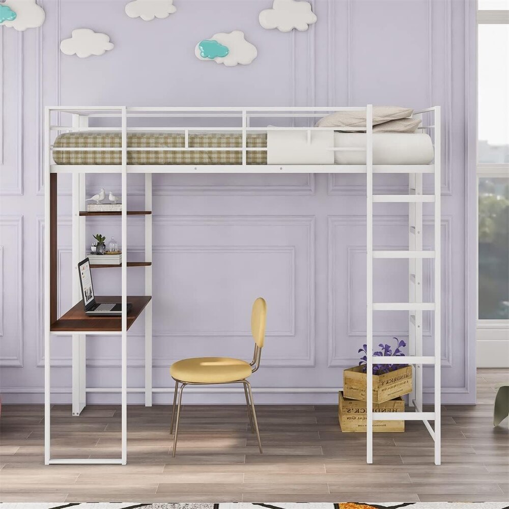 Twin Size Loft Bed with Desk and 2 Storage Shelves, Metal Bed Frame with Full-Length Guardrail