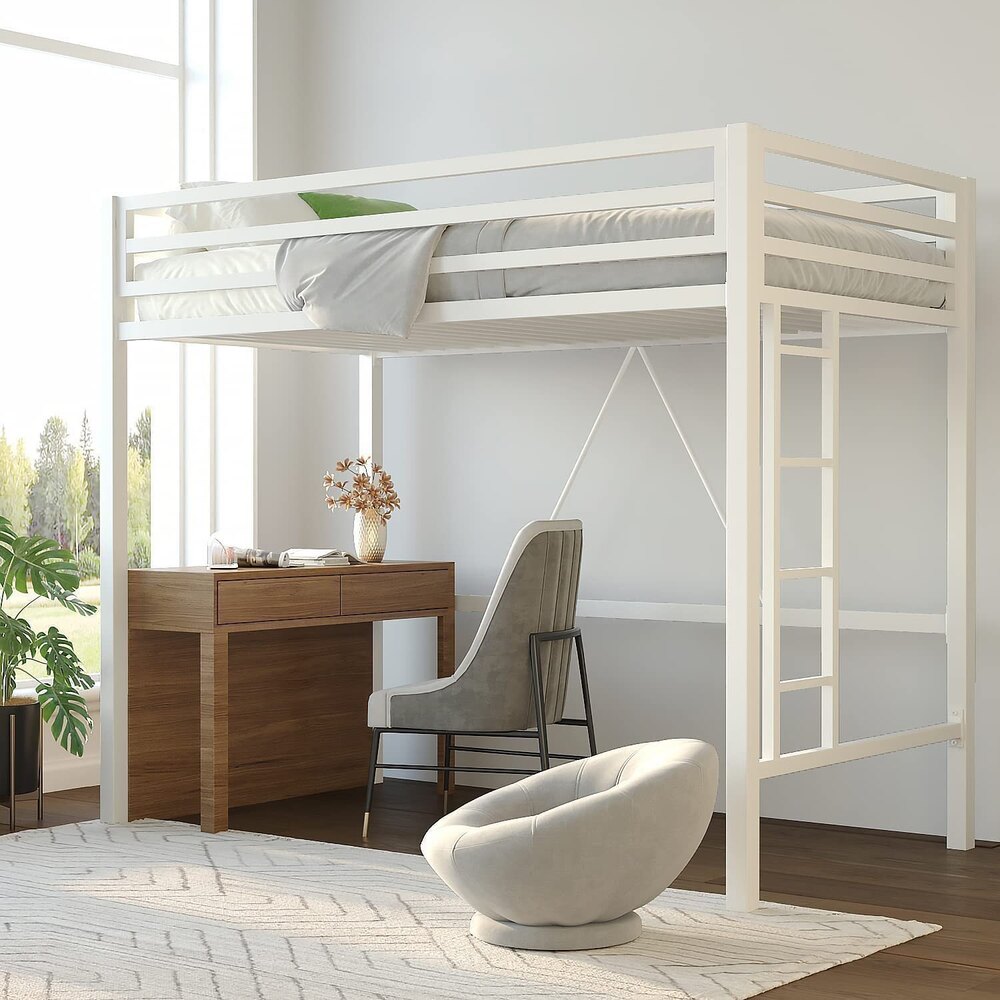 Metal Loft Bed Twin Size, Multifunctional Twin Bed with Safety Guard & Removable Ladder, White