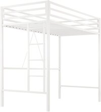 Metal Loft Bed Twin Size, Multifunctional Twin Bed with Safety Guard & Removable Ladder, White