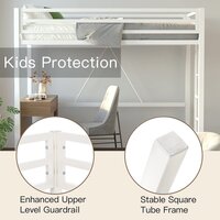 Metal Loft Bed Twin Size, Multifunctional Twin Bed with Safety Guard & Removable Ladder, White