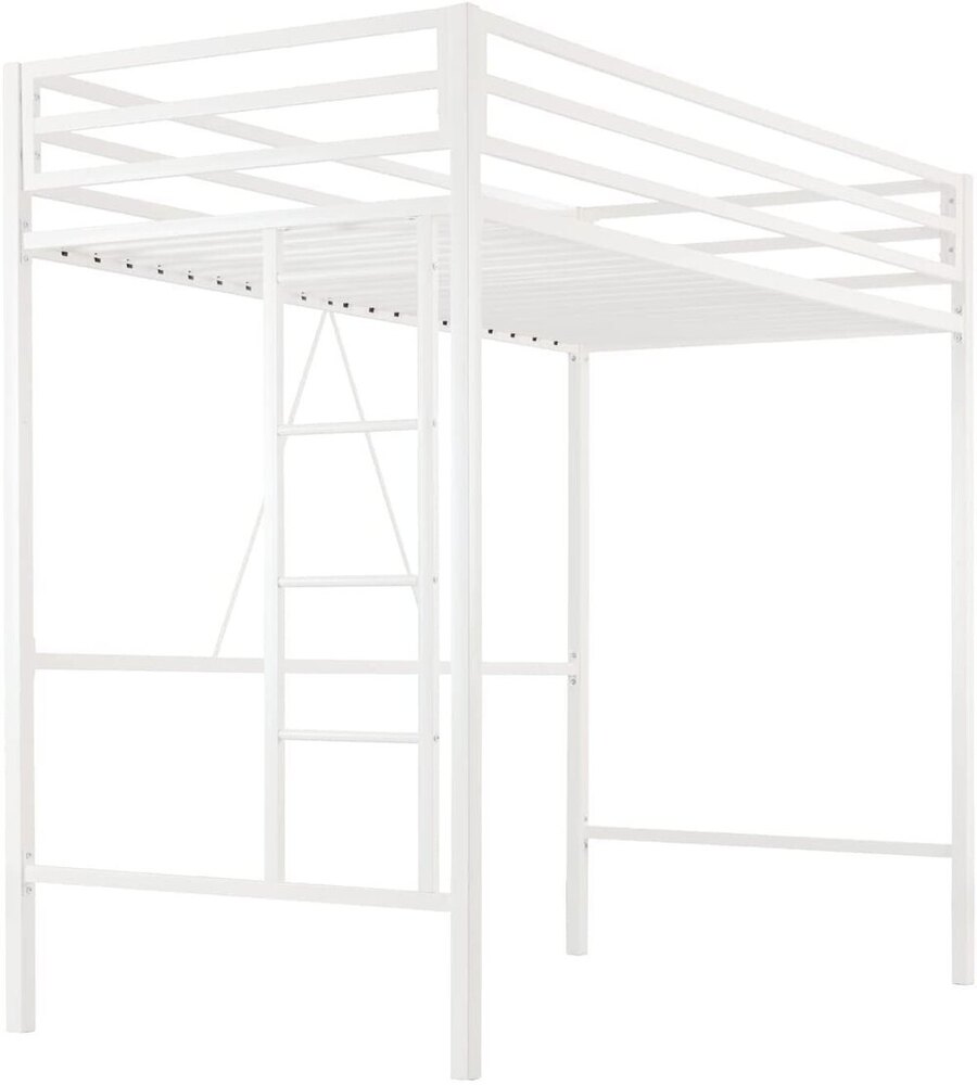 Metal Loft Bed Twin Size, Multifunctional Twin Bed with Safety Guard & Removable Ladder, White